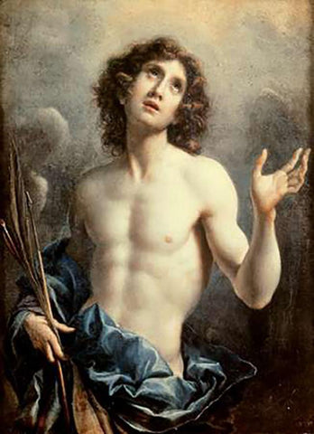 Saint Sebastian Black Ornate Wood Framed Art Print with Double Matting by Dolci, Carlo
