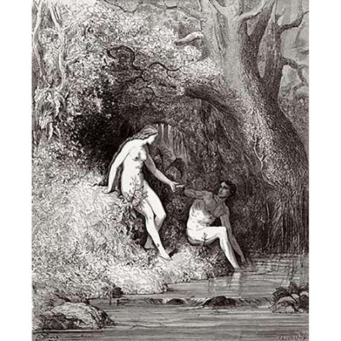 Adam and Eve In Paradise (from Miltons Paradise Lost) White Modern Wood Framed Art Print by Dore, Gustave