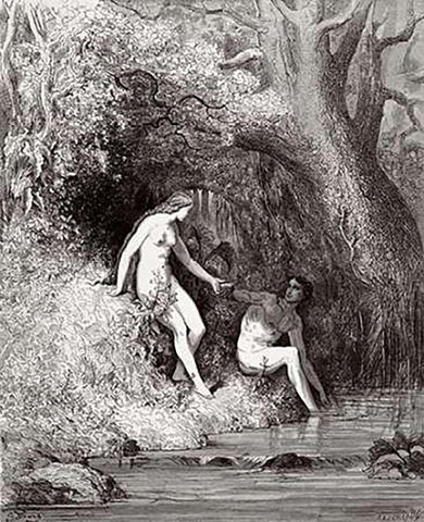 Adam and Eve In Paradise (from Miltons Paradise Lost) Black Ornate Wood Framed Art Print with Double Matting by Dore, Gustave