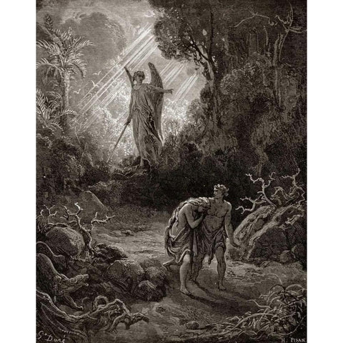 Adam and Eve - The Expulsion From The Garden - from Miltons Paradise Lost Gold Ornate Wood Framed Art Print with Double Matting by Dore, Gustave