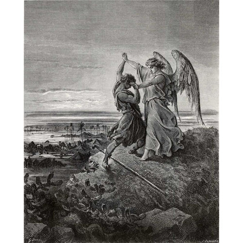 Jacob Wrestling With The Angel Black Modern Wood Framed Art Print with Double Matting by Dore, Gustave