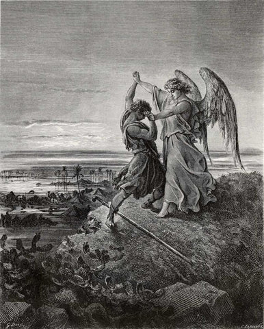 Jacob Wrestling With The Angel Black Ornate Wood Framed Art Print with Double Matting by Dore, Gustave