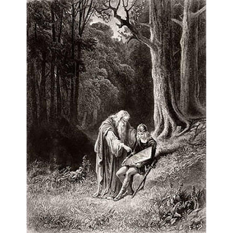 Merlin Paints The Young Knights Shield Black Modern Wood Framed Art Print with Double Matting by Dore, Gustave