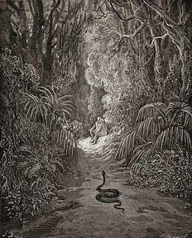 Satan As A Serpent, Enters Paradise In Search Of Eve (from Miltons Paradise Lost) White Modern Wood Framed Art Print with Double Matting by Dore, Gustave