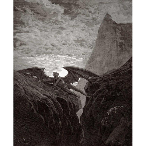 Satan Resting On The Mountain - from Miltons Paradise Lost White Modern Wood Framed Art Print by Dore, Gustave