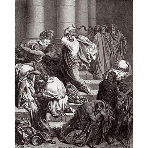 The Buyers and Sellers Driven out of the Temple by Jesus Holy Museumist White Modern Wood Framed Art Print by Dore, Gustave