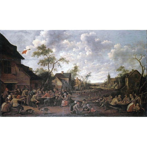 Peasants Feasting On a Village Street Black Modern Wood Framed Art Print with Double Matting by Droochsloot, Joost Cornelisz