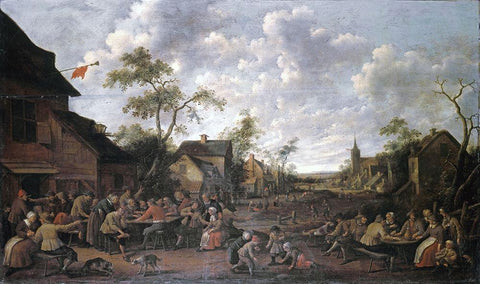 Peasants Feasting On a Village Street White Modern Wood Framed Art Print with Double Matting by Droochsloot, Joost Cornelisz