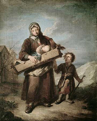 Poor Woman With The Children Black Ornate Wood Framed Art Print with Double Matting by Dumont, Jaques