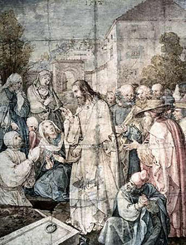 Resurrection of Lazarus White Modern Wood Framed Art Print with Double Matting by Durer, Albrecht