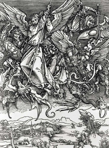 St. Michael Fighting the Dragon White Modern Wood Framed Art Print with Double Matting by Durer, Albrecht