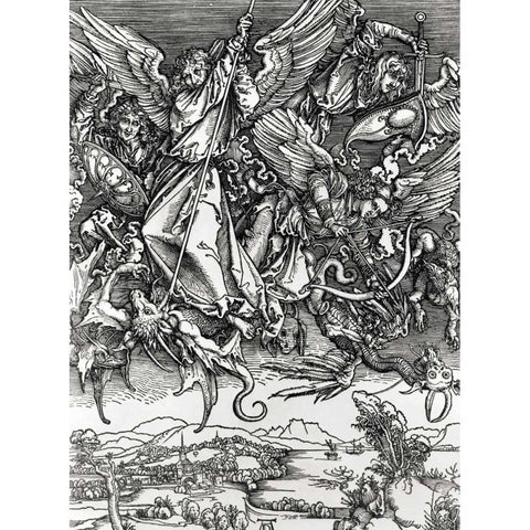 St. Michael Fighting the Dragon White Modern Wood Framed Art Print by Durer, Albrecht