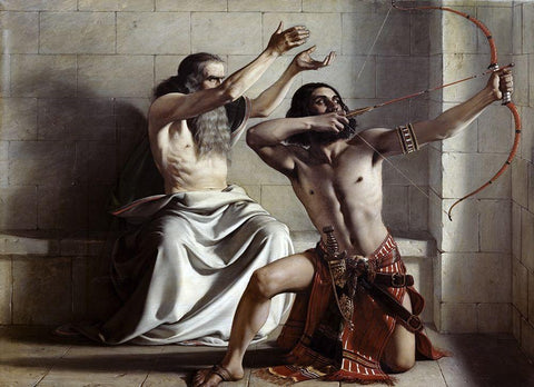 Joas Shoots The Arrow of Redemption Black Ornate Wood Framed Art Print with Double Matting by Dyce, William