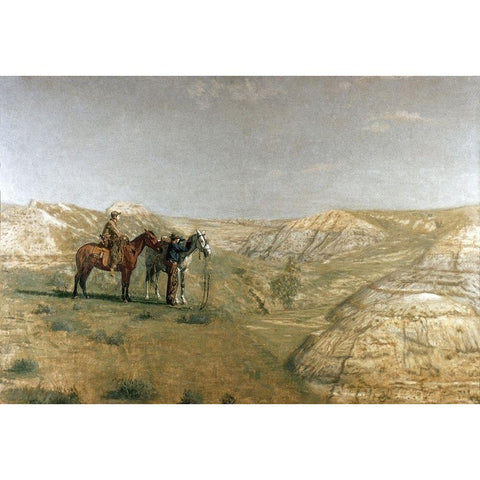 Cowboys In The Badlands White Modern Wood Framed Art Print by Eakins, Thomas