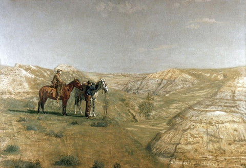 Cowboys In The Badlands White Modern Wood Framed Art Print with Double Matting by Eakins, Thomas