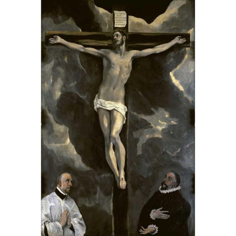 Christ on the Cross Adored by Two Donors White Modern Wood Framed Art Print by El Greco