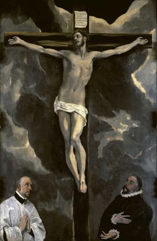 Christ on the Cross Adored by Two Donors Black Ornate Wood Framed Art Print with Double Matting by El Greco