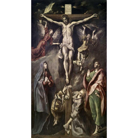 Crucifixion With Virgin, Magdalene, St. John and Angels Black Modern Wood Framed Art Print with Double Matting by El Greco