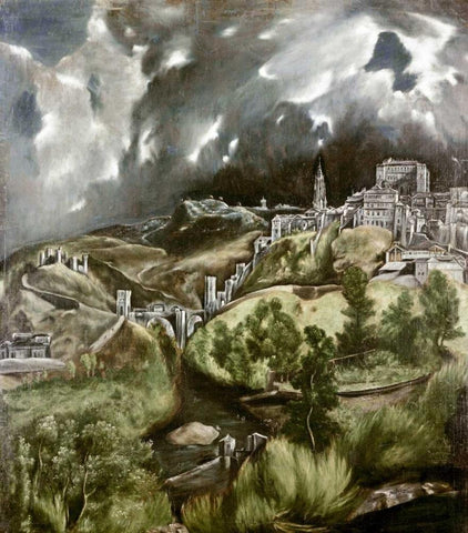 View of Toledo Black Ornate Wood Framed Art Print with Double Matting by El Greco