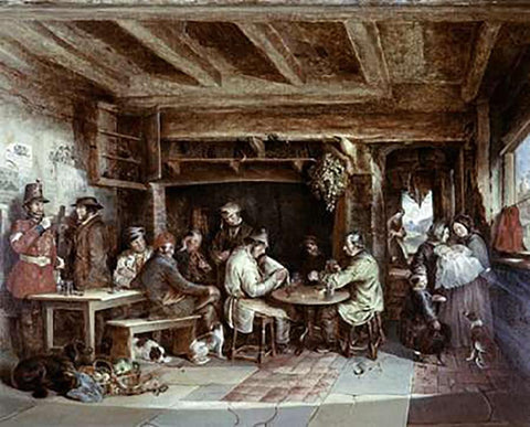 News From India: Tavern Scene Black Ornate Wood Framed Art Print with Double Matting by Elmore, Alfred