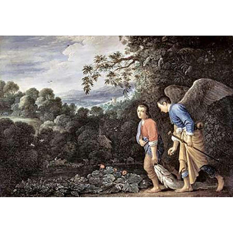 Tobias and The Angel White Modern Wood Framed Art Print by Elsheimer, Adam