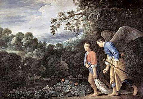 Tobias and The Angel White Modern Wood Framed Art Print with Double Matting by Elsheimer, Adam