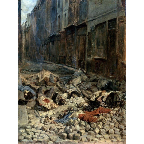 La Barricade, Rue De La Mortellerie White Modern Wood Framed Art Print by Ernest, Jean Louis