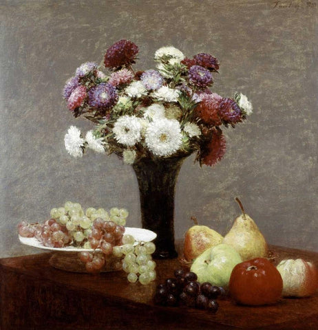 Still Life With Dahlias and Fruit White Modern Wood Framed Art Print with Double Matting by Fantin-Latour, Henri