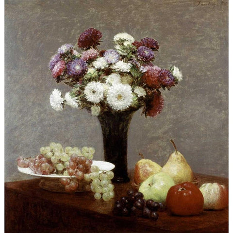 Still Life With Dahlias and Fruit White Modern Wood Framed Art Print by Fantin-Latour, Henri