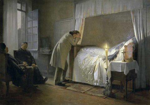 Death of Madame Bovary White Modern Wood Framed Art Print with Double Matting by Fourie, Albert-Auguste