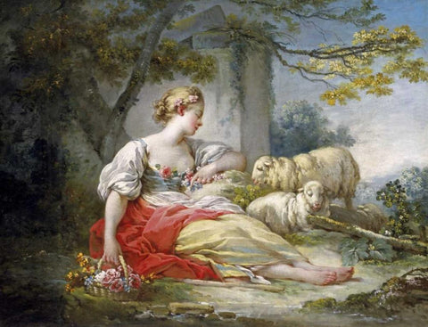 Shepherdess Seated with Sheep and a Basket of Flowers Near a Ruin in a Wooded Landscape White Modern Wood Framed Art Print with Double Matting by Fragonard, Jean Honore