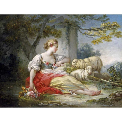 Shepherdess Seated with Sheep and a Basket of Flowers Near a Ruin in a Wooded Landscape Black Modern Wood Framed Art Print with Double Matting by Fragonard, Jean Honore