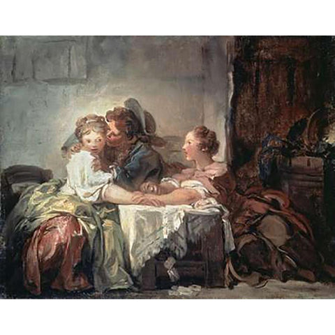 The Captured Kiss Gold Ornate Wood Framed Art Print with Double Matting by Fragonard, Jean Honore