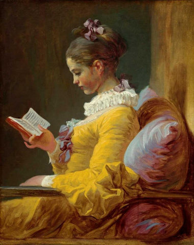 Young Girl Reading Black Ornate Wood Framed Art Print with Double Matting by Fragonard, Jean Honore