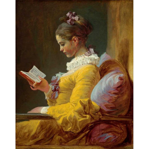 Young Girl Reading Gold Ornate Wood Framed Art Print with Double Matting by Fragonard, Jean Honore