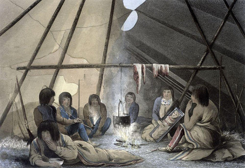 Interior of a Cree Indian Tent White Modern Wood Framed Art Print with Double Matting by Franklin, John