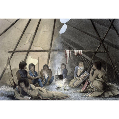 Interior of a Cree Indian Tent Gold Ornate Wood Framed Art Print with Double Matting by Franklin, John