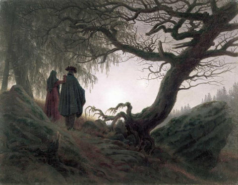 Man and Woman Contemplating The Moon White Modern Wood Framed Art Print with Double Matting by Friedrich, Caspar David