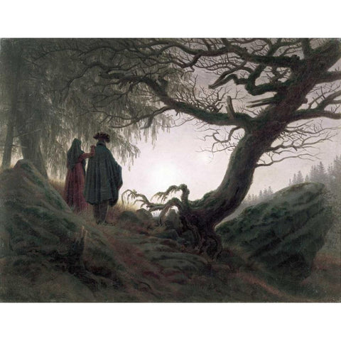 Man and Woman Contemplating The Moon Black Modern Wood Framed Art Print with Double Matting by Friedrich, Caspar David