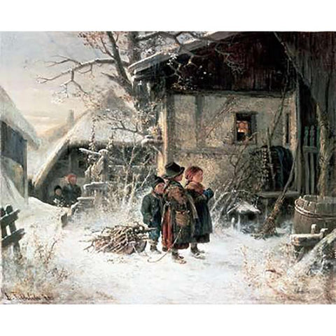 Children In The Snow White Modern Wood Framed Art Print by Frohlich, Bernhard