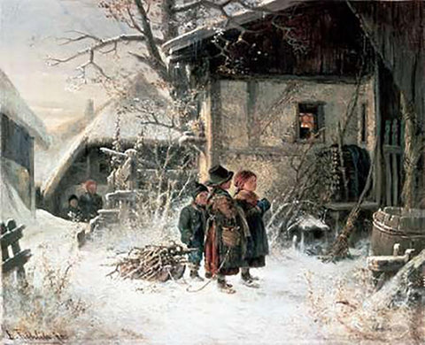 Children In The Snow Black Ornate Wood Framed Art Print with Double Matting by Frohlich, Bernhard