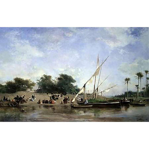 Boats On The Nile Black Modern Wood Framed Art Print with Double Matting by Fromentin, Eugene