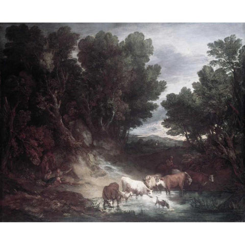 Watering Place Black Modern Wood Framed Art Print with Double Matting by Gainsborough, Thomas