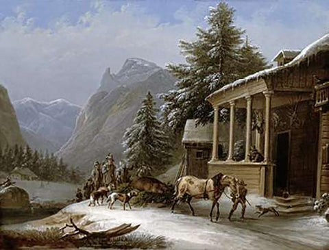 Winter In The Bavarian Alps Black Ornate Wood Framed Art Print with Double Matting by Gauermann, Jakob