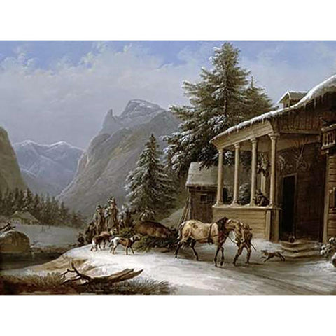 Winter In The Bavarian Alps Gold Ornate Wood Framed Art Print with Double Matting by Gauermann, Jakob