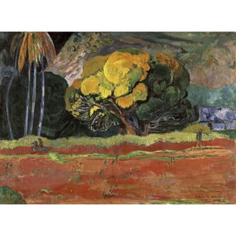 At the Foot of a Mountain - Fatata Te Moua Black Modern Wood Framed Art Print with Double Matting by Gauguin, Paul