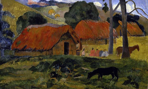 Dog Canine in front of the Hut - Le Chien Devant la Hutte Black Ornate Wood Framed Art Print with Double Matting by Gauguin, Paul