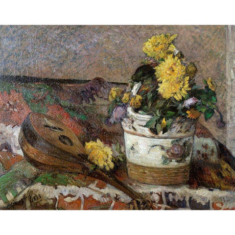 Mandolin and Vase of Flowers Gold Ornate Wood Framed Art Print with Double Matting by Gauguin, Paul