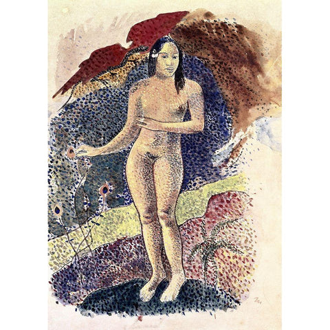 Nude Tahitian Woman (Femme Nue Tahitienne) Gold Ornate Wood Framed Art Print with Double Matting by Gauguin, Paul