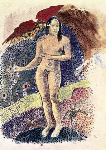 Nude Tahitian Woman (Femme Nue Tahitienne) White Modern Wood Framed Art Print with Double Matting by Gauguin, Paul